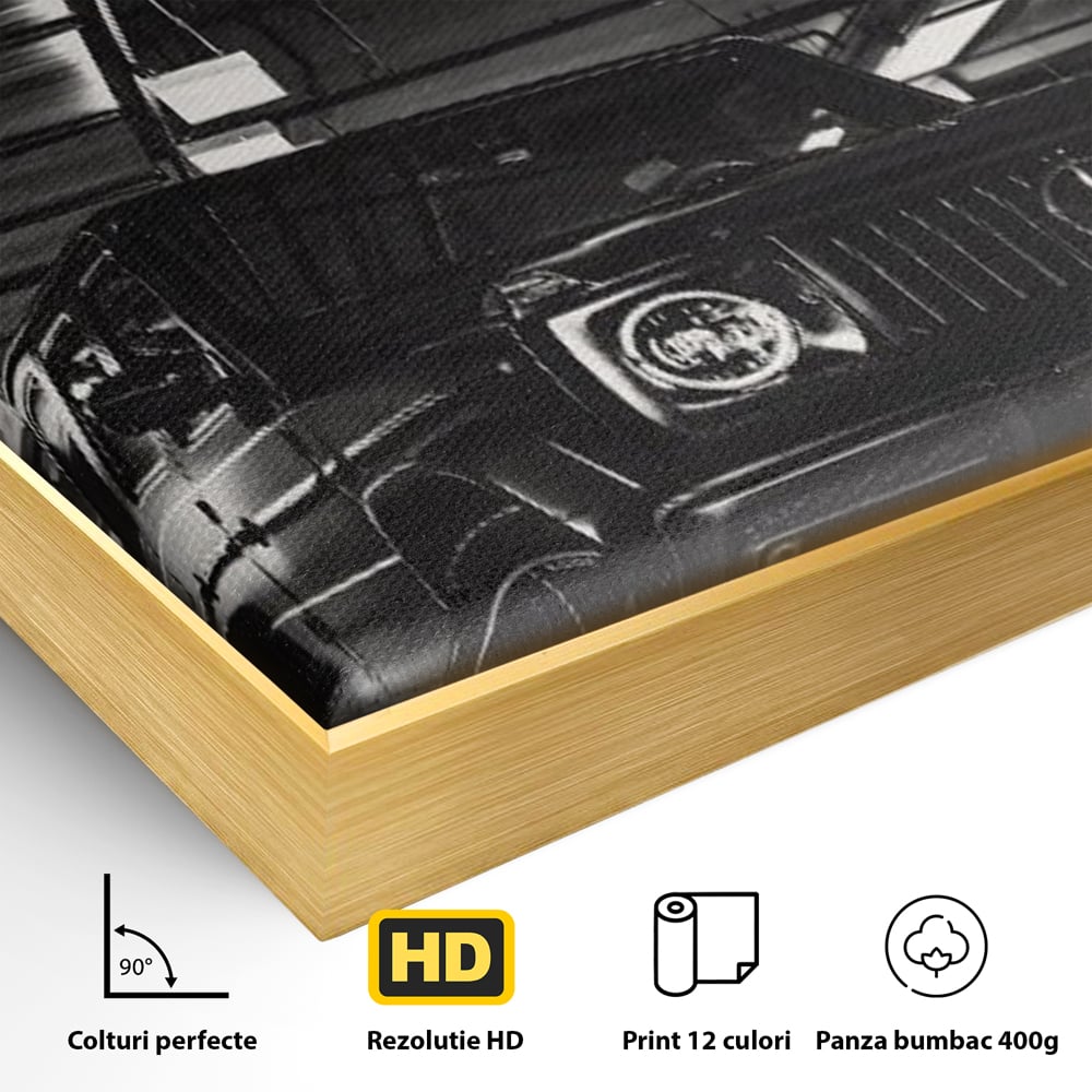Detaliu al suprafetei: tablou canvas cu masina si text, in rama de aluminiu auriu